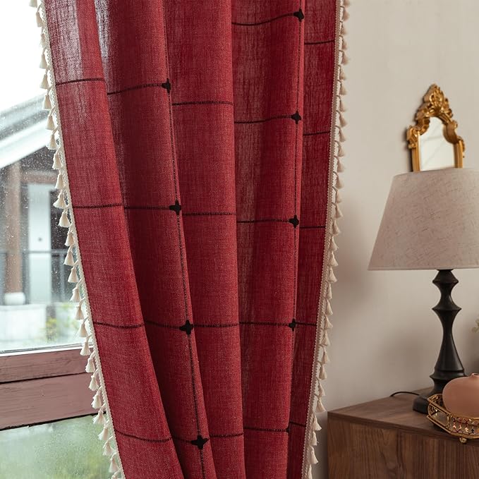 Deeprove Red Boho Curtains for Bedroom 84 Inches Long, Burgundy Checkered Bohemian Chic Textured Embroidery Plaids, Vintage Handmade Tassels Country Xmas Christmas Decor Drapery, 1 Panel W52 x L84