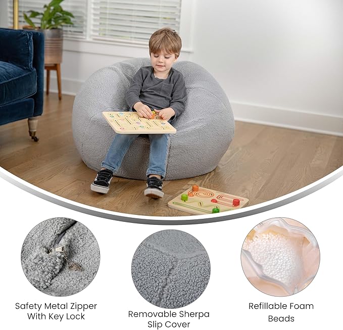 EMMA + OLIVER Daisy Sherpa Bean Bag Chair, Classic Refillable Bean Bag Chair for Kids and Teens, Small, Gray