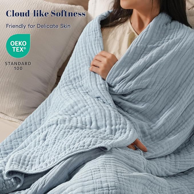 PHF Cooling Muslin Blanket King Size 104"x80", 6-Layer Lightweight Gauze Blanket Made from 35% Rayon Derived from Bamboo & 65% Cotton, Breathable & Ultra Soft Cozy, Aesthetic Home Decor, Dusty Blue