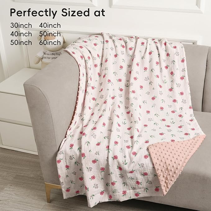 david's kids Muslin Minky Baby Blanket for Girls with Muslin Cotton Front and Dotted Fleece Backing, Breathable and Soft Lightweight Receiving Blanket for Newborns, 40x50 Inches, Pink Floral