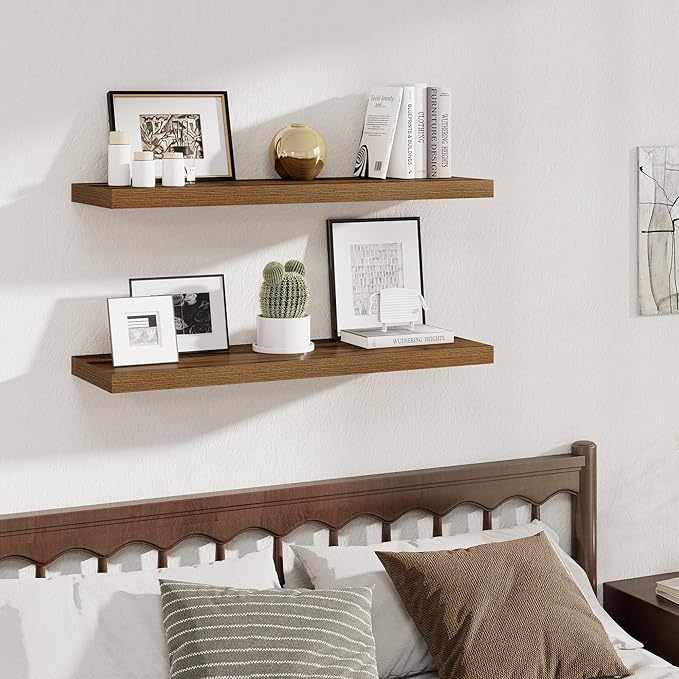 Fun Memories 12 Deep Floating Shelves, 40W x 12D Floating Shelves for Wall Set of 2, Extra Deeper Hanging Wood Shelves for Wall for Living Room Kitchen Laundry Room Kitchen Home Office - Walnut