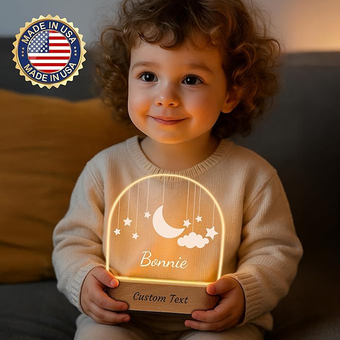 Personalized Baby Gifts for Kids, Custom LED Name Lamp, Moon and Star Acrylic Plaque Night Light, Perfect Christmas Newborn Baby Shower Gifts for Boys Girls Bedroom Nursery Decor