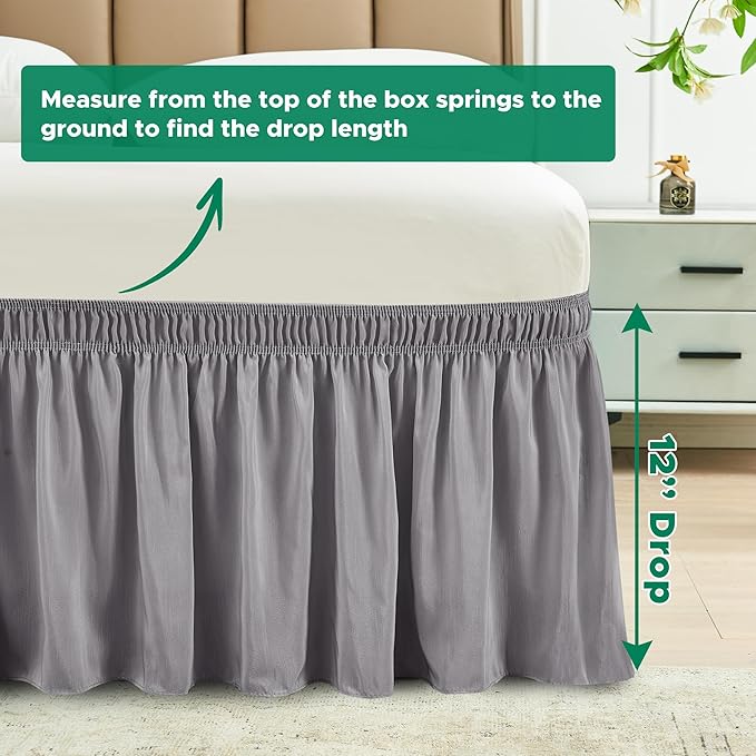 Biscaynebay Wrap Around Bed Skirts for Twin & Twin XL Beds Short Drop of 12", Silver Grey Adjustable Elastic Dust Ruffles Easy Fit Wrinkle Resistant Silky Luxurious Fabric Machine Washable