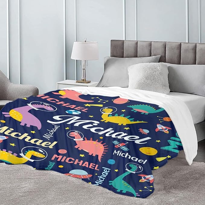 Dinosaur Lover Personalized Blanket with Custom Baby Dinosaur Custom Name Flannel Blanket Soft Throw Meaningful Gift for Toddlers Girls Boys Kids Pets 80 * 60" L for Adult