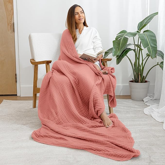 Comfy Cubs Muslin Throw Blanket - 50” x 60” Quilted Design - Lightweight, Breathable 6-Layer Gauze Fabric - Soft Cotton Blanket for Home or Travel - Packaged in Elegant Gift Box - Dusty Rose