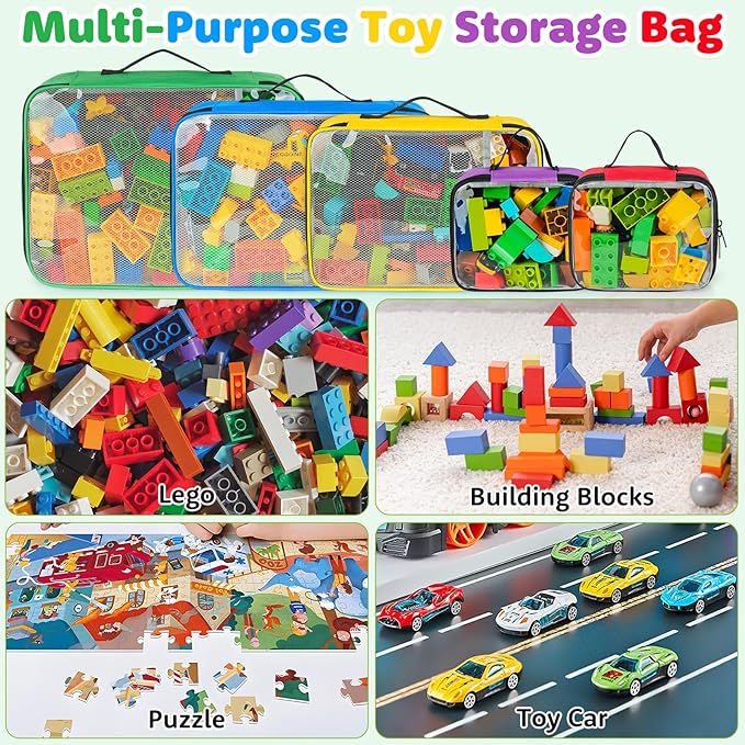 5 Packs Toy Storage Bags Compatible with Lego Bricks,Large Travel Toy Organizers for Kids Building Blocks,Toy Car,Puzzles with Mesh Pocket and Tag Pocket