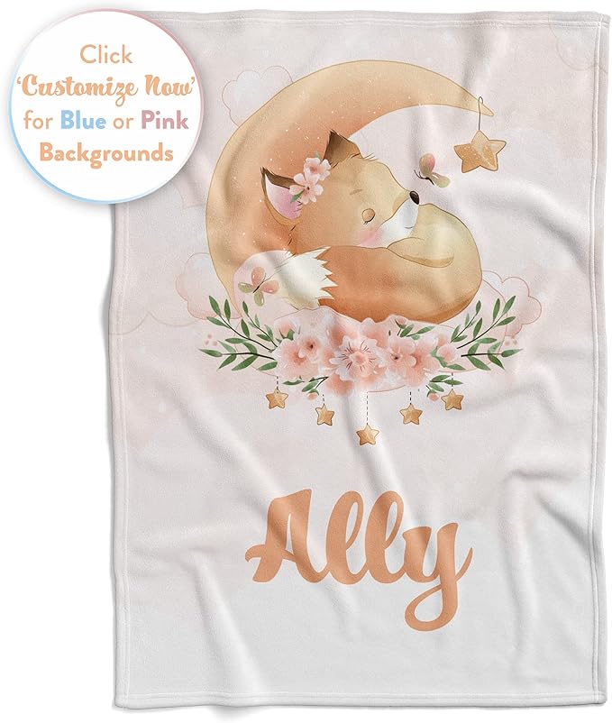 Personalized Baby Blankets with Name | Custom Fox Blanket for Baby Girls and Baby Boys | Unisex Warm Soft Fleece Swaddle Blanket Minky | (Fox, Fleece 30"x40")