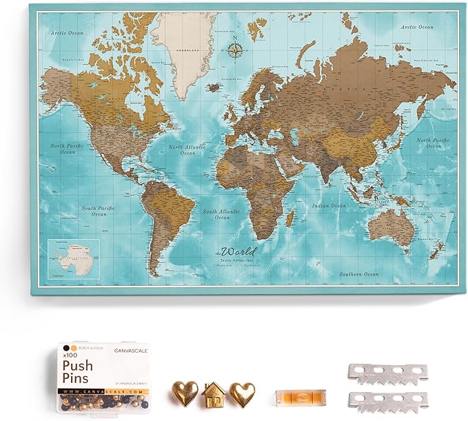 Canvas World Map with Cork Pin Board - English Lettering - Decorative Wall Decoration for All Rooms - Canvas Pictures with World Map Motif (150x100 cm, Pattern 10)