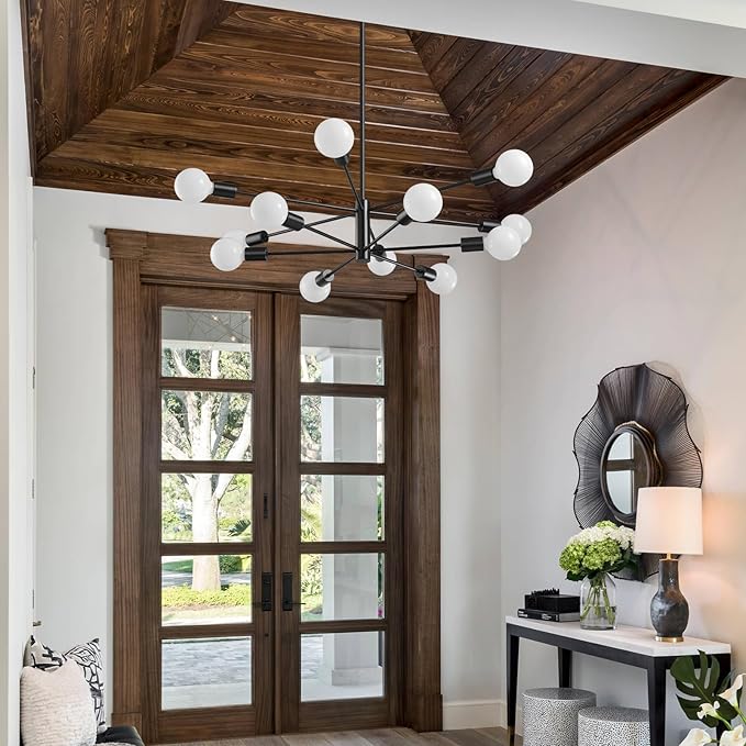Modern Sputnik Chandeliers Light, 12-Light Black Chandeliers for Dining Room, E26 Height Adjustable Chandelier Ceiling Lighting Fixture for Farmhouse Kitchen Island Living Room Foyer