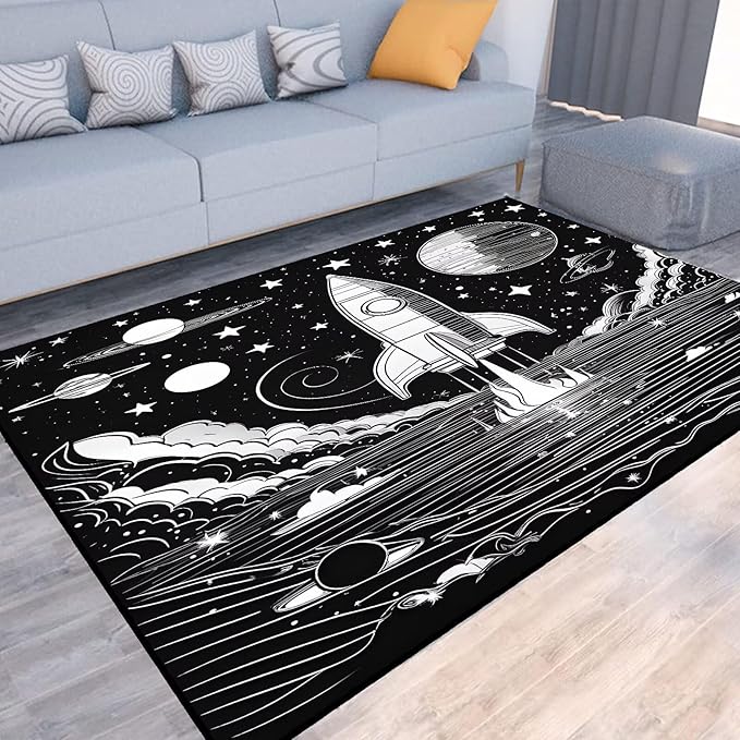 Space Rug for Kids Room Black and White Rocket Rugs Stars Carpet Galaxy Planet Printed Throw Rugs for Boys Children Bedroom Living Room,39 in x 79 in