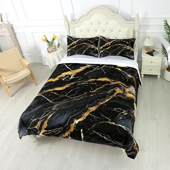 Black and Gold Marble Comforter: Full Size Abstract Marbling Bedding Sets Luxury Gold Glitter Quilt Bed Set for Teens Boys Adults Bedroom Decor 1 Comforter & 2 Pillowcases