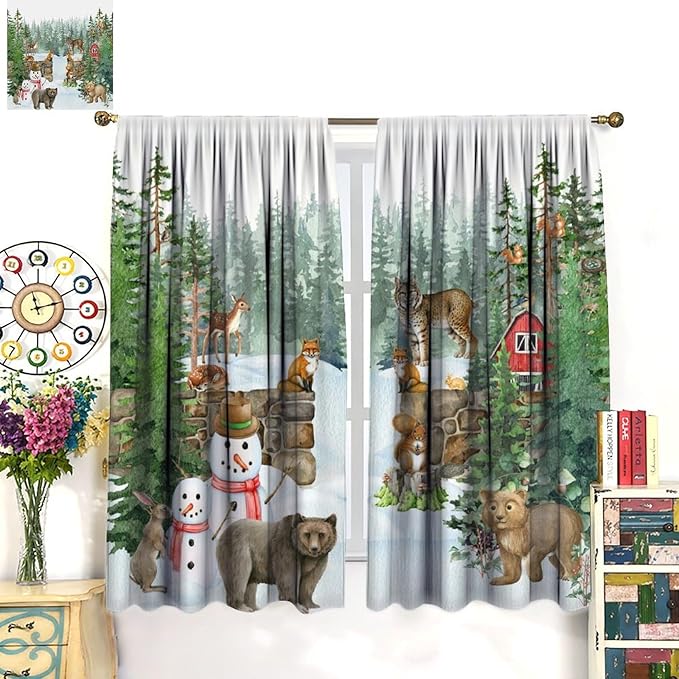 Woodland Animal Curtains, Watercolor Squirrel Hare Bear Bird Pattern Blackout Window Treatments, Rod Pocket Thermal Insulated Drapes 2 Panel Sets for Kids Bedroom Nursery Classroom, 63" W X 63" L