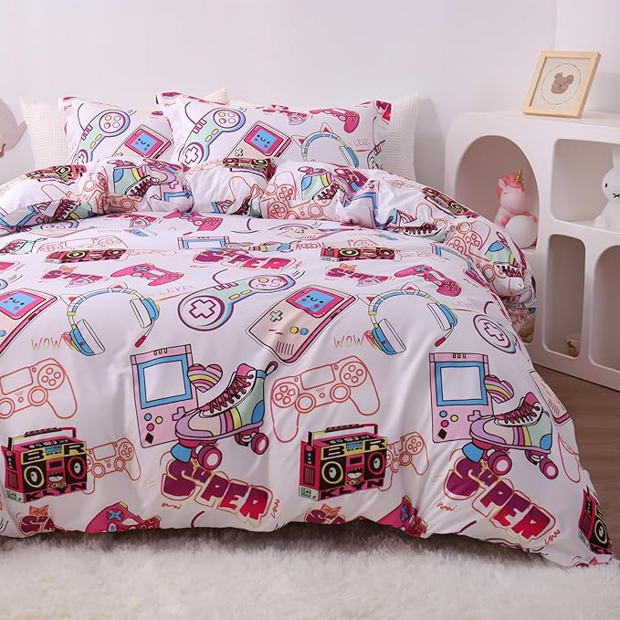 JSD Pink Gamer Kids Duvet Cover Set Full Size, 3 Piece Soft Printed Microfiber Comforter Cover with Pillow Sham Zipper Closure, Comforter Not Included