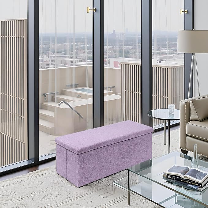 PINPLUS Folding Storage Ottoman Bench, Sherpa Ottoman with Storage, Large Long Shoes Bench Chest with Lid, Footrest for Living Room, Entryway, Purple 43'' x 15'' x 15''