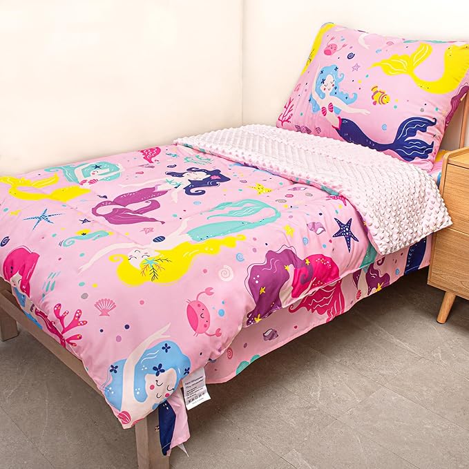 Toddler Bedding Set, Plush Minky Fabric Crib Bedding Set for Girls, Breathable and Soft Baby Crib Bedding Set, Includes Toddler Comforter, Flat Sheet, Fitted Sheet and Pillowcase for Girls (Mermaid)