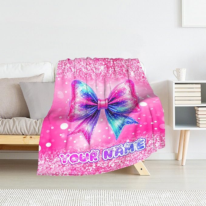 Custom Bow Blanket for Girls - 30 x 40 Inches Lap Size - Soft Fuzzy Plush Throws Decor Gift - Pink Cute Throw Blankets Stuff for Crib, Office