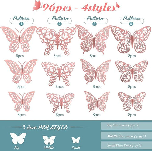3D Gold Butterfly Wall Decor 3 Sizes 4 Styles Butterfly Party Decorations Cake Decorations Removable Stickers Wall Decor Room Mural Metallic Kids (Pink, 96Pcs)