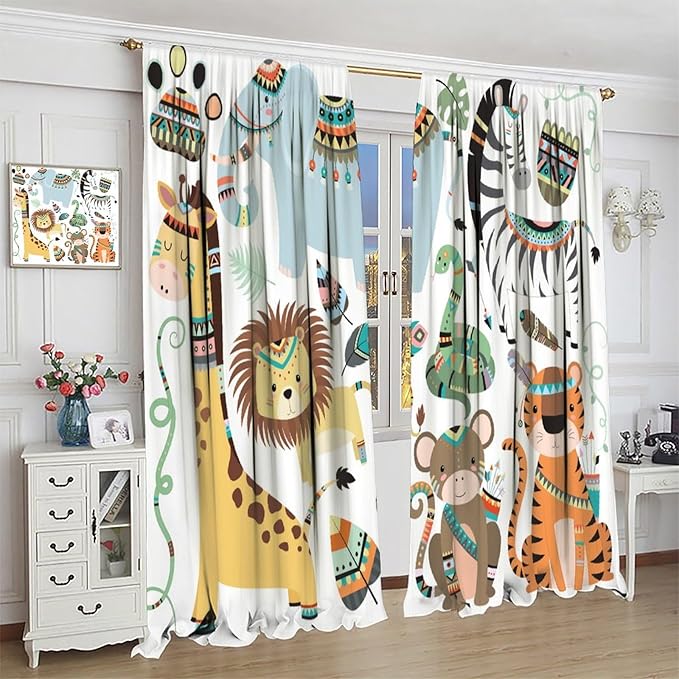 Jungle Tribal Animals Curtains, Southwest Aztec Cartoon Funny Zoo Animals Giraffe Lion Elephant Zebra Tiger Print Thermal Insulation Window Drapes for Kids Boys Girls Bedroom Living Room 42x45 Inch