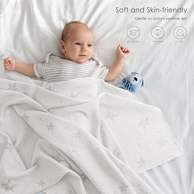 Bearmoss Muslin Swaddle Blankets, 40 x 38 inches Baby Swaddle for Boys and Girls, Soft Baby Blanket, 3 Pack Breathable Nursery Receiving Blankets (Beige Star)