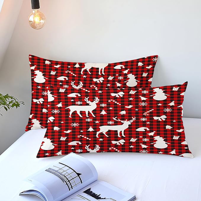 Christmas Duvet Cover Full Size Red Gingham Christmas Bedding Set 3 Pcs Kids Boys Girls Xmas Black Plaid Bow Pattern Comforter Cover with Zipper Closure (No Comforter)