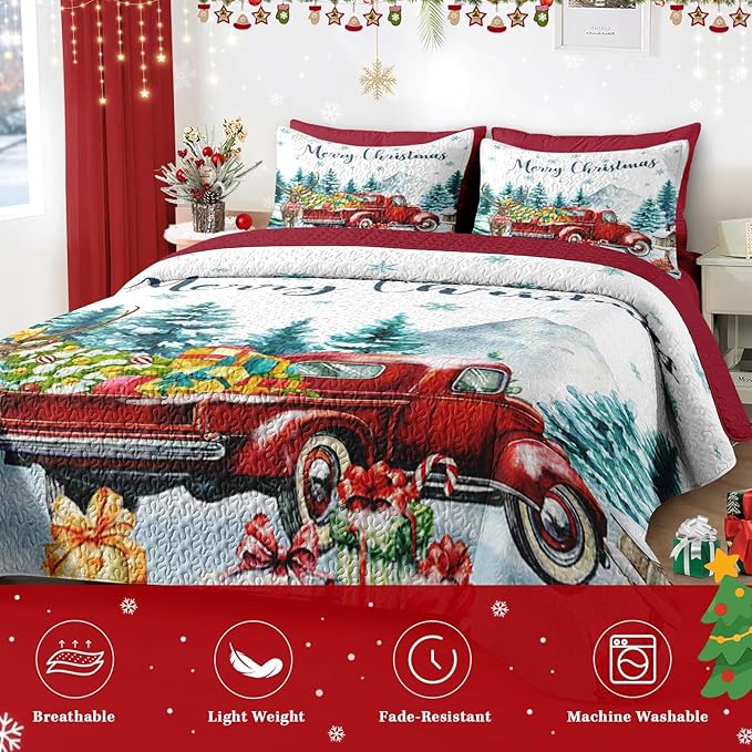 Christmas Full/Queen Size Quilt Set, Red Vintage Truck Elk Lightweight Bedspread Coverlet with Pillow Shams for Kids and Adults, Winter Forest 3 Pcs Bedding Bed Cover