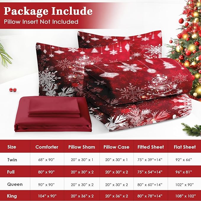 7 Pcs Queen Size Christmas Comforter Set with 2 Pillowcases & 2 Shams, Red Glitter Xmas Tree Bedding for Kids and Adults, White Elegant Snowflake Bed in a Bag with Flat Fitted Sheet