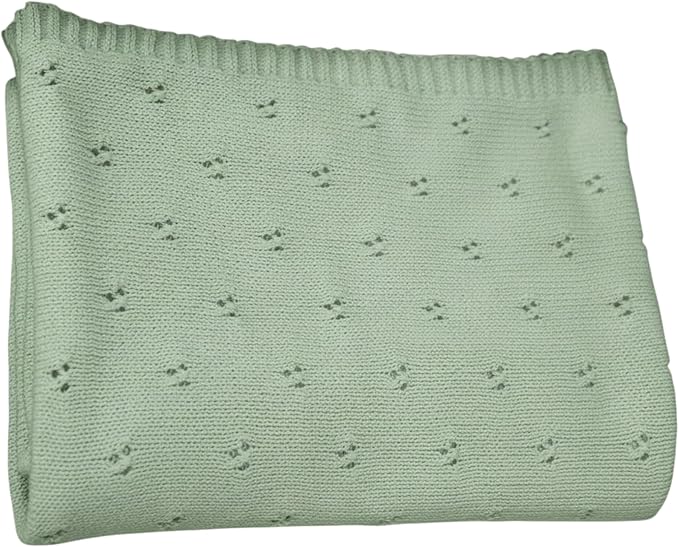 Baby Knit Blanket, 100% Cotton Eyelet Patterns, Soft, Cozy, Lightweight Swaddle for Newborn & Infant Swaddling Beige Neutral, Perfect Baby Shower Ideas Sage Green 30x40
