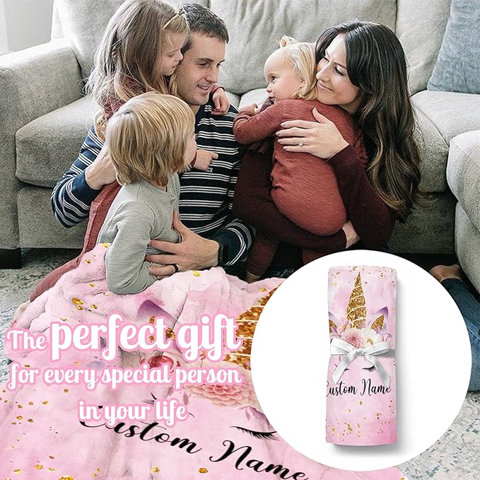 Personalized Unicorn Blanket with Name for Girl, Custom Kids, Soft Flannel Pink Toddler Customized Gift Birthday Christmas Baby Shower Newborn 30'' X 40''