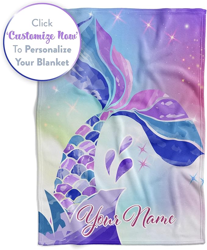 Personalized Mermaid Fleece Blanket - Ships Next Day, Made in USA - Custom, Soft, & Plush, Couch Bed Throw for Kids, Girls Bedroom Décor, Pink & Purple (Fleece – 30x40)