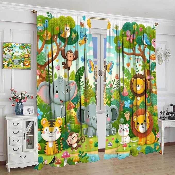 Cartoon Animals Curtain Jungle Forest Elephant Lion Butterfly Floral Print Curtains for Kids Boys Girls Nursery Baby Bedroom Playroom Home Decor Window Drapes 42" W X 63" L