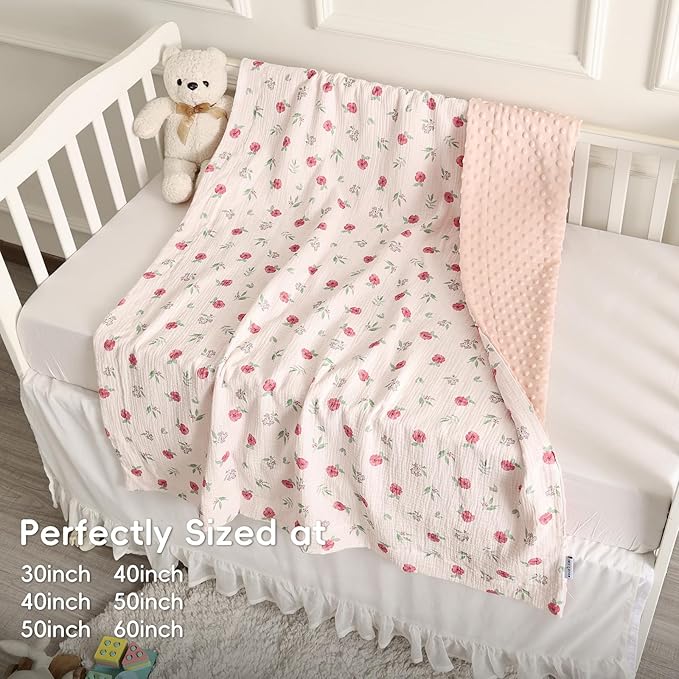 david's kids Muslin Minky Baby Blanket for Girls with Muslin Cotton Front and Dotted Fleece Backing, Breathable and Soft Lightweight Receiving Blanket for Newborns, 30x40 Inches, Pink Floral