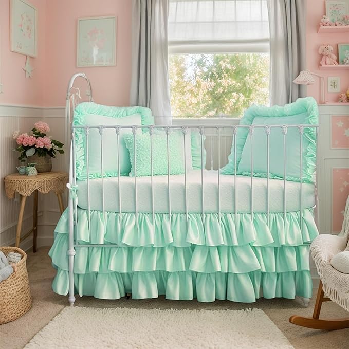 Ruffled Crib Bed Skirt: 3 Tiered Ruffled Crib Skirt Baby Girl Nursery Toddler Bedding Dust Ruffle, 17.7" Deep Drop- Fits Standard Cribs,28"x 52" (Green)