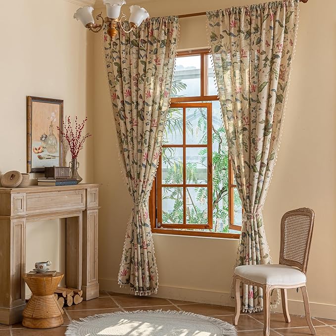 ENJOYBRIDAL Floral Curtains 63 Inch Long Living Room Boho Drapes Short Bedroom 2 Panels Semi Sheer Window Curtain Panels Vintage Rod Pocket Tassel Farmhouse Nursery Window Treatments