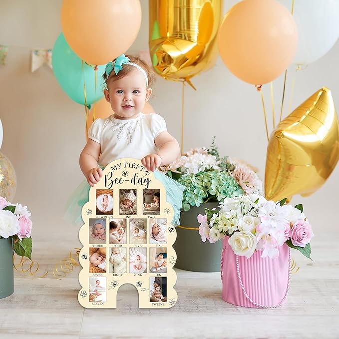 My First Year Photo Board, My First Bee-Day Baby Milestone Signs for Boys Girls Nursery Decor, 12 Month Wooden Picture Board for 2x3 Photos, Best Babies Keepsake Gifts-A30