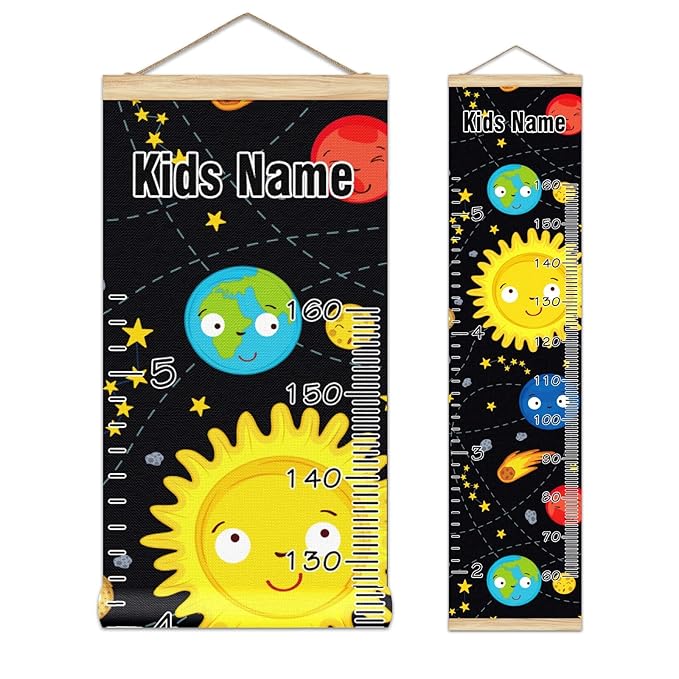 Personalized Kids Name Growth Chart Ruler for Wall Wood Frame Height Measure Chart 13.4x56 in Linen Hanging Height Growth Chart Space Stars Planets Galaxy Rockets Sun Kids Room Decor