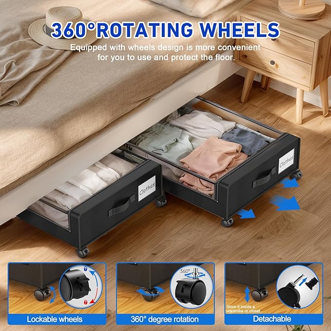 Beborxue Under Bed Storage with Wheels, 4-Pack UnderBed Storage Containers with Clear Lids, XXL 60L Under the Bed Storage Organizer Bins, Rolling Under Bed Metal Drawer for Clothes,Shoes,Toys (Black)
