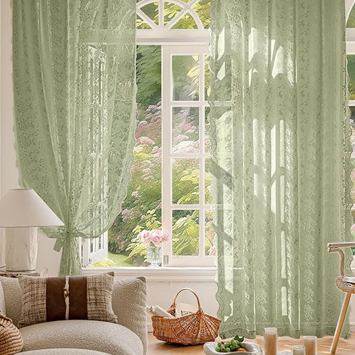 Anmao Vintage Lace Curtains 72 Inches Long 2 Panels Set, Romantic Elegant Light Filtering Semi Sheer Floral Thick Lacy Curtain Drapes for Living Room and Bedroom, Each Panel 55W x 72L, Dry Grass Green