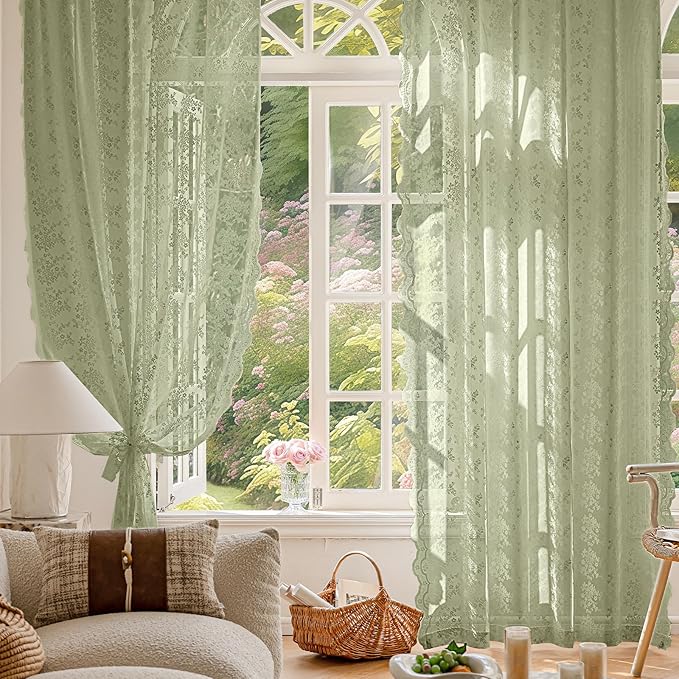 Anmao Vintage Lace Curtains 90 Inches Long 2 Panels Set, Romantic Elegant Light Filtering Semi Sheer Floral Thick Lacy Curtain Drapes for Living Room and Bedroom, Each Panel 55W x 90L, Dry Grass Green