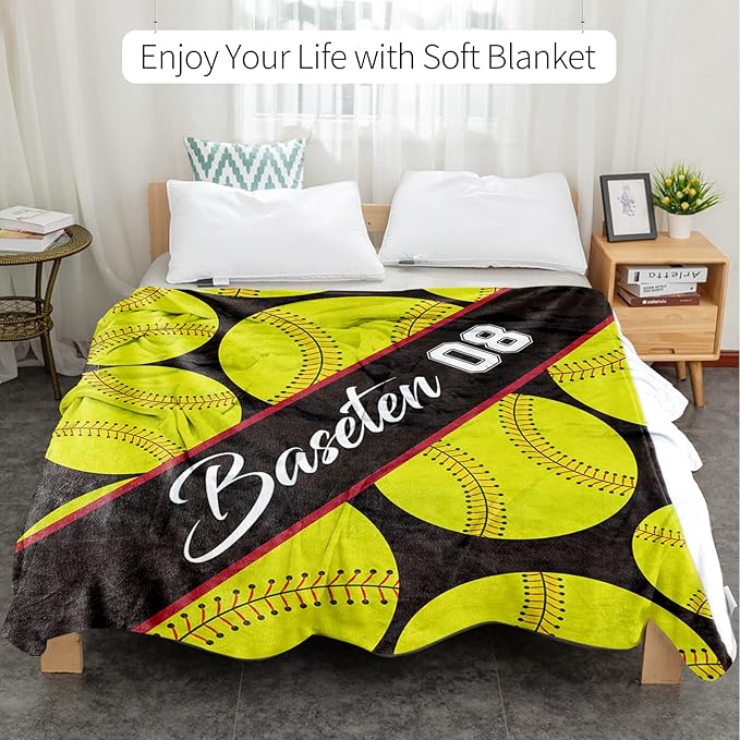Personalized Softball Baby Blanket Gifts: Custom Soft Flannel Fabric Blankets with Name Number for 0-6 Years Kids Boys Girls - Warm and Comfortable(40X50inch)