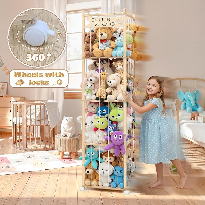 OurWarm Stuffed Animal Storage & Organizer, 68.5 Inch Large Wooden Zoo Stuffed Animal Holder with Wheels, Kids Toy Storage Organizer for Nursery Storage, Toddler Rooms, Playrooms, Bedroom Organization