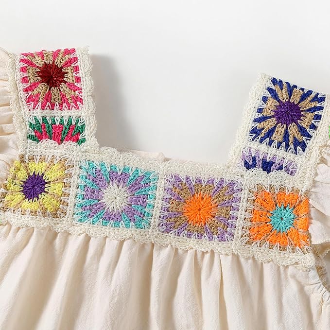 Gaono Newborn Baby Girl Smocked Bubble Romper Cute Boho Summer Clothes Ruffle Sleeveless Crochet Flower Vintage Bodysuit