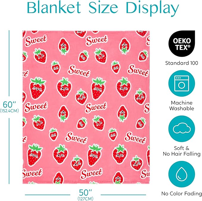 Joiedomi Glow in The Dark Blanket Strawberry Gift for Girls Age 2 3 4 5 6 7 8 9 10 11 12 Year Old Girl Gifts, Soft Cozy Flannel Kids Throw Blanket, Birthday Bedroom Decor 50"×60"