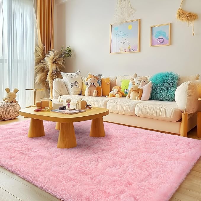 3x5 Fluffy Pink Area Rug - Soft Cute Shag Fuzzy Rug for Bedroom - Anti-Skid Living Room Girls Rug Pink Home Decor