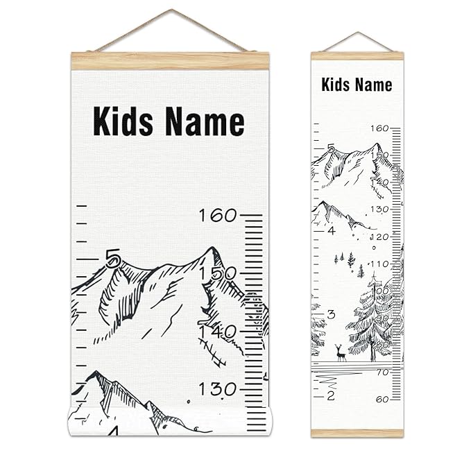 Personalized Kids Name Growth Chart Ruler for Wall Wood Frame Height Measure Chart 13.4x56 in Linen Hanging Height Growth Chart Winter Mountain Kids Room Decor