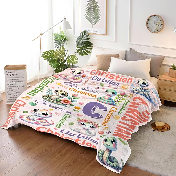 Personalized Custom Snake Blanket Gifts for Kids Boys Girls with Name - Customized Snake Super Soft Lightweight Flannel Sheets Decor for Crib Nap Couch - 60"x80" for Adult