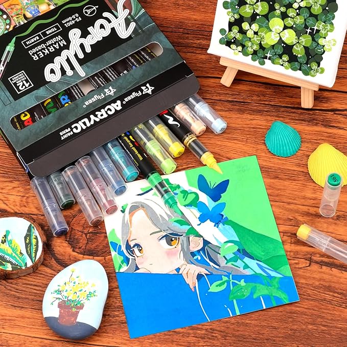 Paint Pens Acrylic Markers - 12 Earth Tone Brush Tip Water Based Marker Pens for Rock Painting, Wood, Ceramic, Glass, Acrylic Paint Markers for Egg Pumpkin