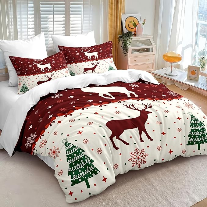 Christmas Duvet Cover Twin Size Red Bow Deer Bedding Set 2 Pieces Kids Boys Girls Xmas Christmas Tree Comforter Cover with Zipper Closure and 1 Pillowcase (No Comforter)