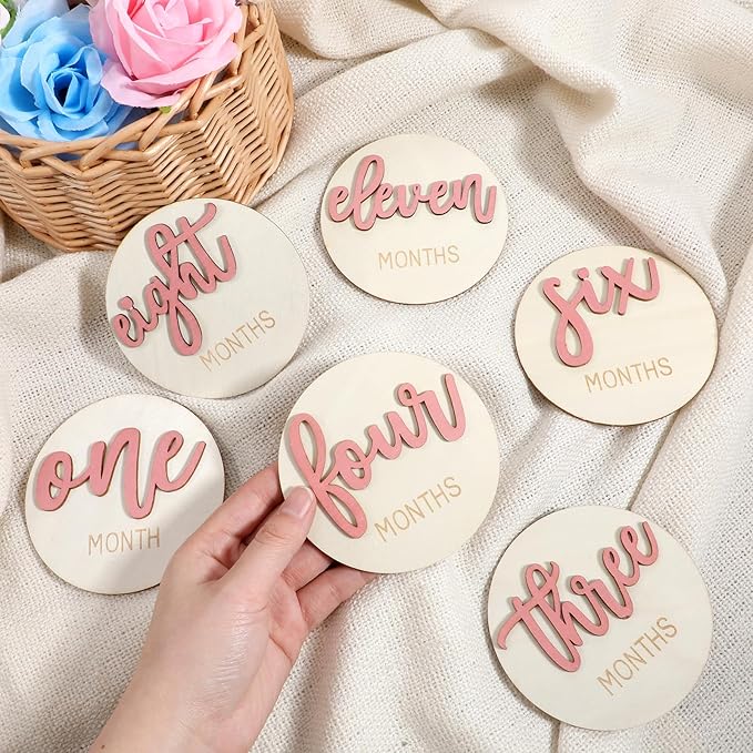 6 Pcs Baby Monthly Milestone Signs, Double Sided Wooden 3D Milestone Markers Disc from 1-12 Months 4 Inch Newborn Age Announcement Sign for Photo Props (Pink)
