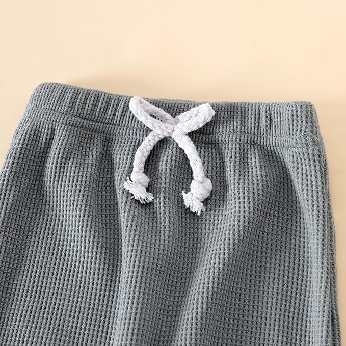 Baby Boys Girls 3PCS Waffle Knit Outfit Set, Long Sleeve Romper+Drawstring Elastic Pants+Hat for 0-24Months