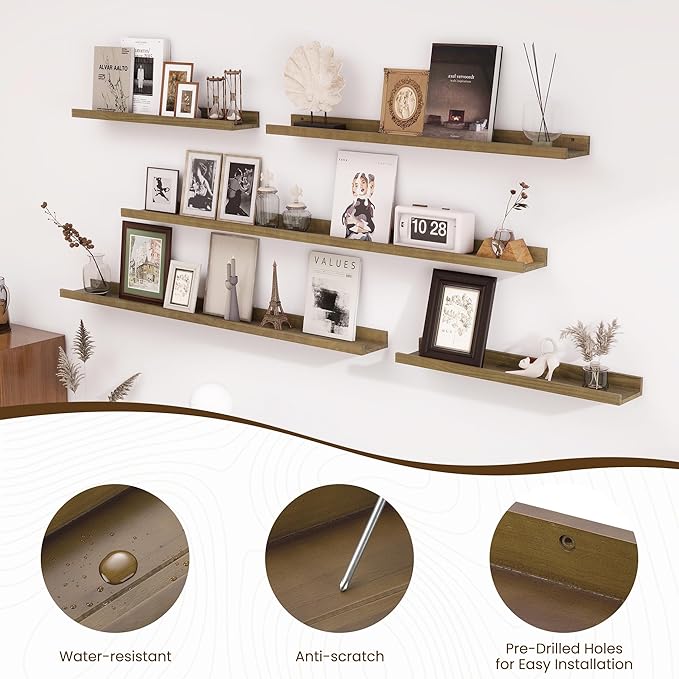 Fun Memories Picture Ledge Shelf, Pine Wood Floating Shelves Set of 2, 48 inch Nursery Book Shelves, Photo Ledge Book Shelves Wall Mounted for Living Room Kids' Room Bedroom - Light Brown